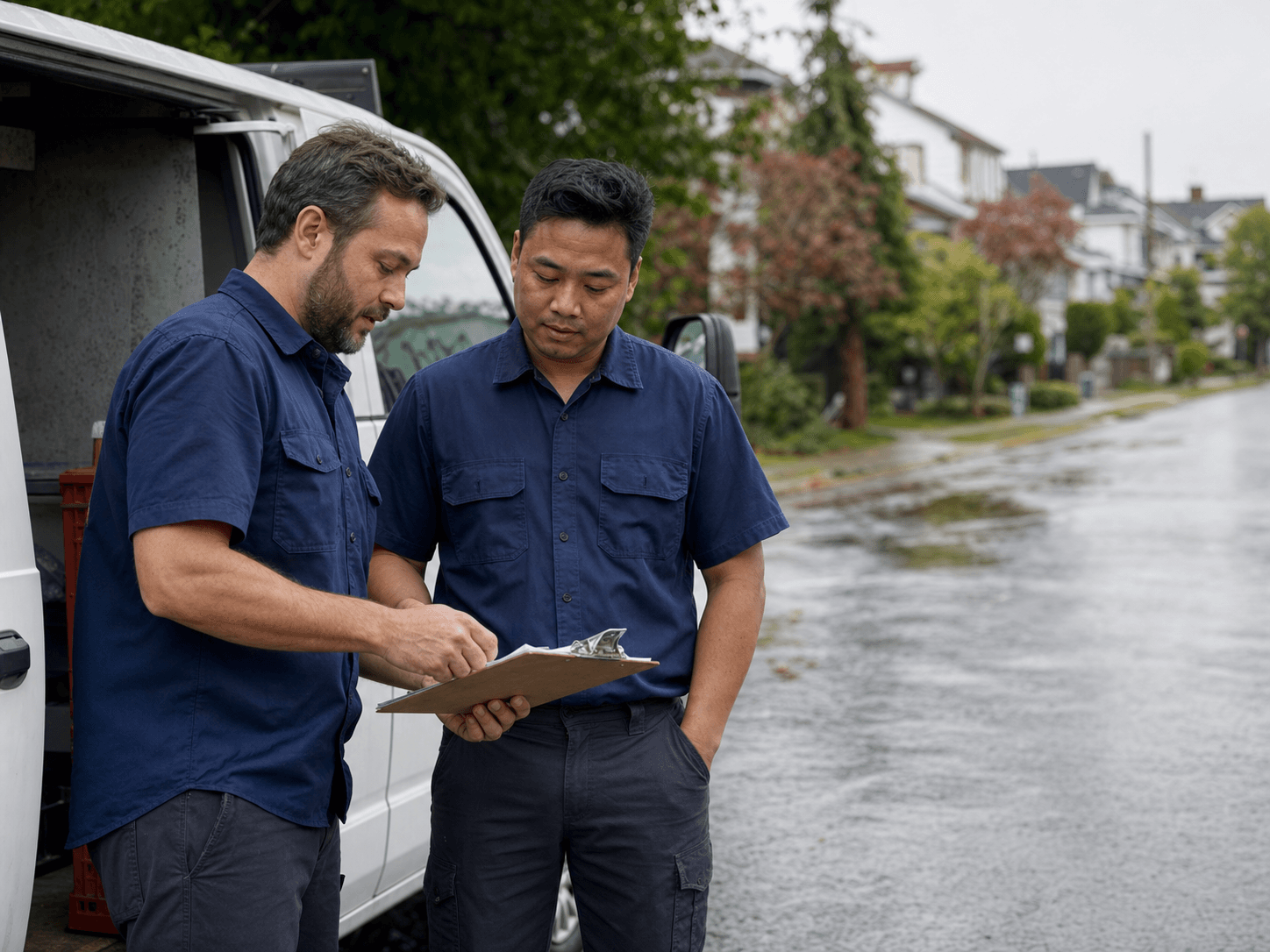 Two plumbing technicians reviewing a work order beside a service van