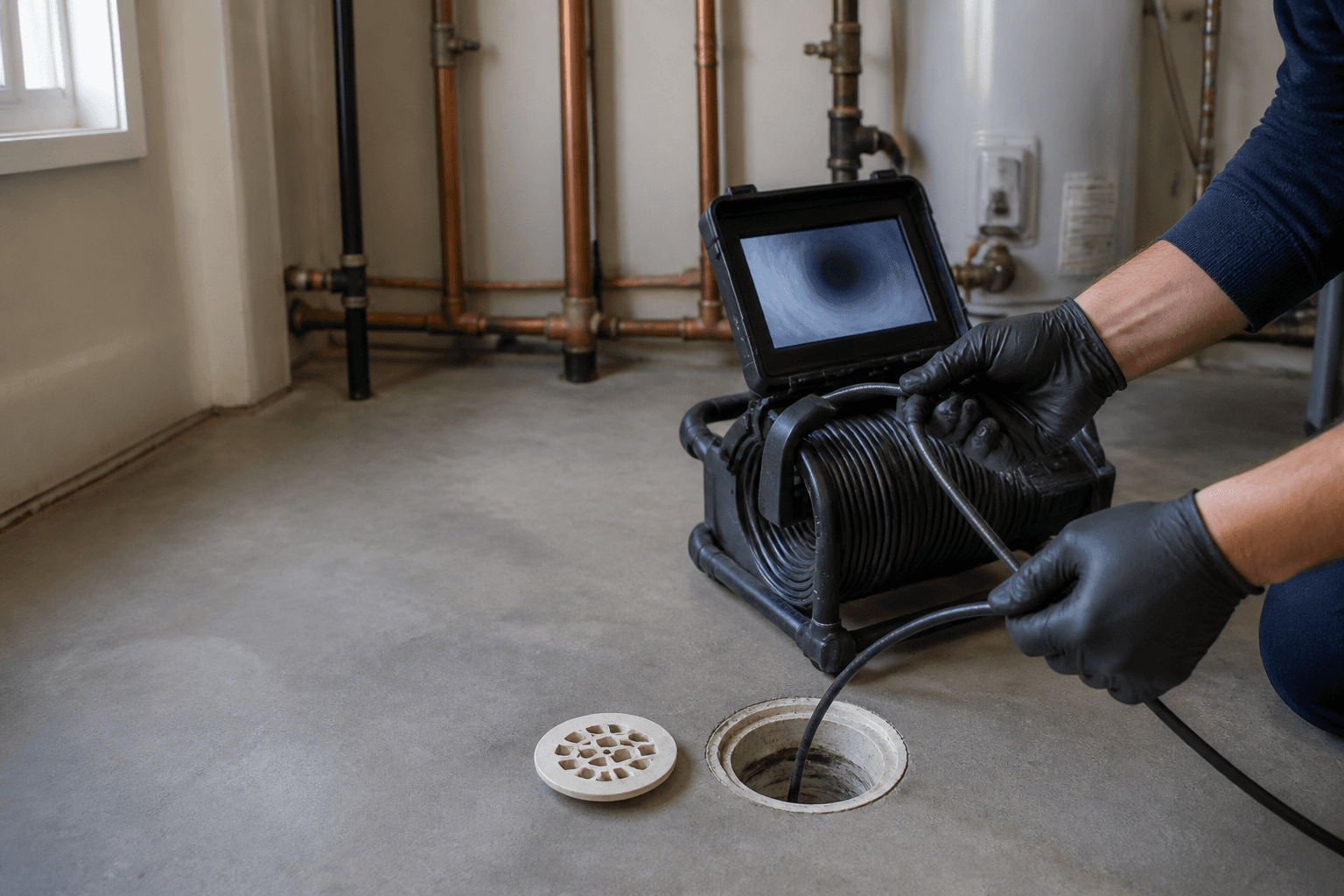 Technician using a drain inspection camera
