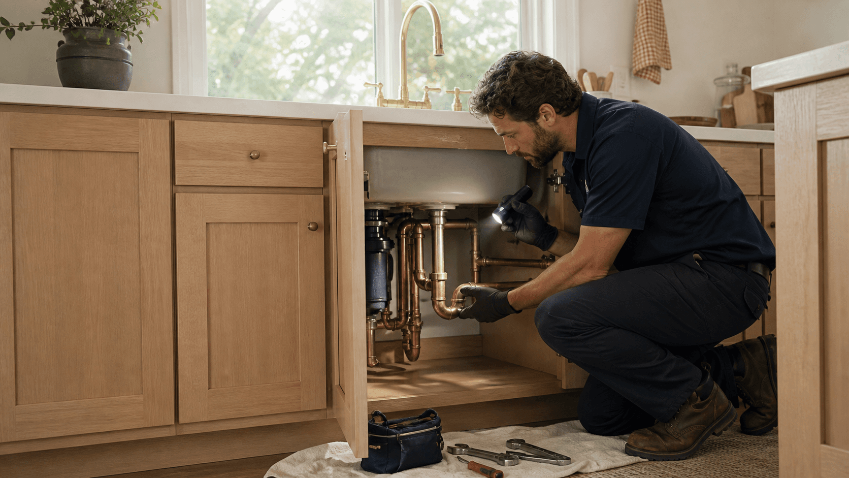 Plumber inspecting pipes beneath a kitchen sink